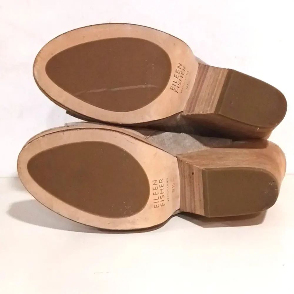 Eileen Fisher Taupe Thatched Suede Wood Stacked Statement heel size 9.5